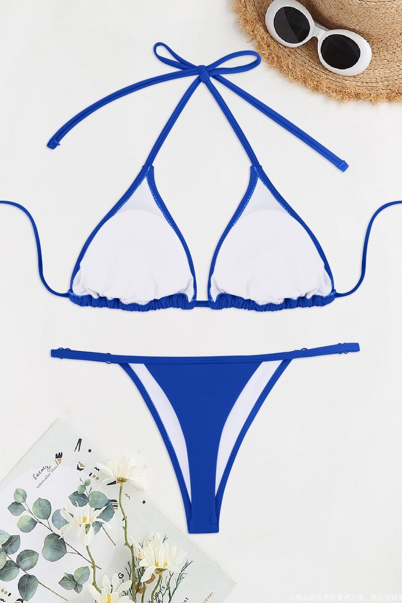 SHEKINI Women's Halter Bikini Brazilian Thong Trikini Cheeky Two Piece Swimsuits(Jewelry Blue, Small) - Image 2